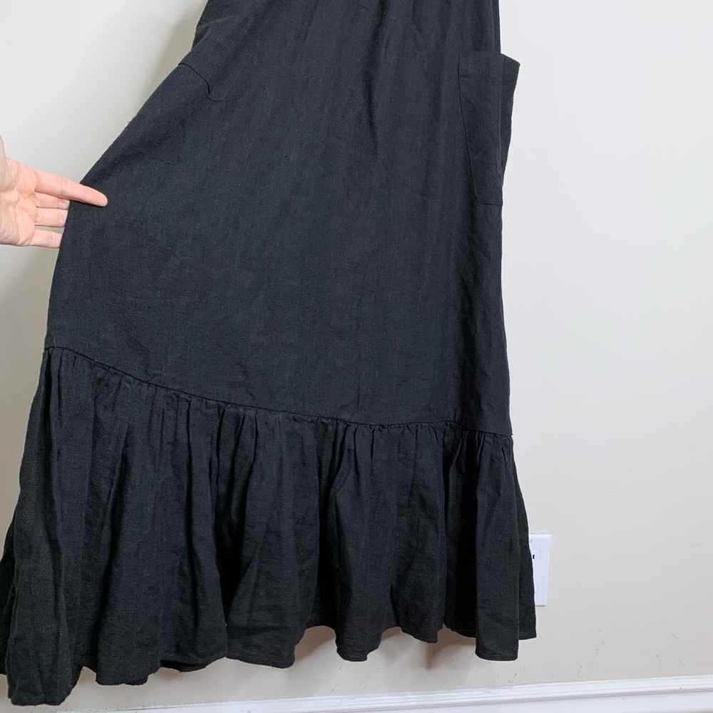 NEW Doen Peninsula Pinafore Dress (Sz L) Silk Linen Ruffle Apron Bib Maxi Black - Picture 6 of 16